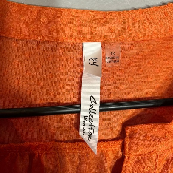 NY Collection Tunic Blouse Roll-Tab Sleeve Textured Button Up Orange 1X - Picture 3 of 6